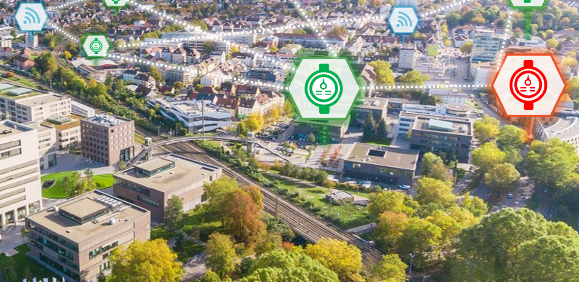Panoramabild über die Stadt Heilbronn mit eingezeichneter Netzstruktur